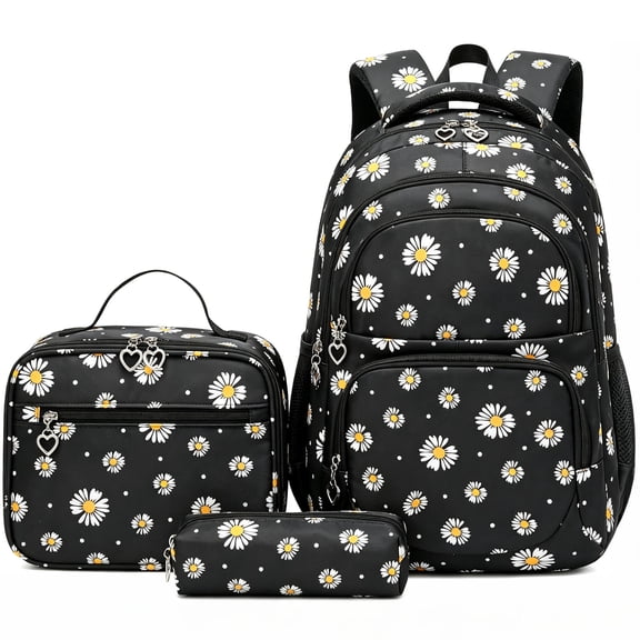 Kisportee 3 Pcs Backpack Set, 3-in-1 Waterproof Backpacks, Large Capacity Bookbag with Insulated Lunch Bag & Pencil Case (Black Daisy)