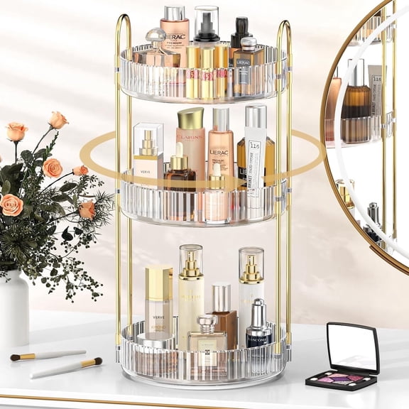 Kisportee Makeup Organizer for Vanity, 3 Tier Clear Makeup Storage Perfume Cosmetic Dresser Organizer, 360 Spinning Large Capacity Cosmetic Holder Bathroom Countertop Shelf