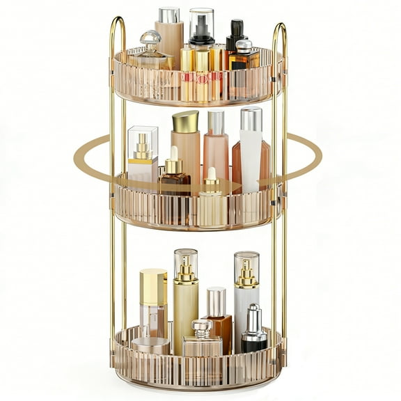 Kisportee Makeup Organizer for Vanity, 3 Tier 360° Rotating Make Up Storage Perfume Organizers for Bathroom Counter, Clear Cosmetic Dresser Lipstick Spinning Holder
