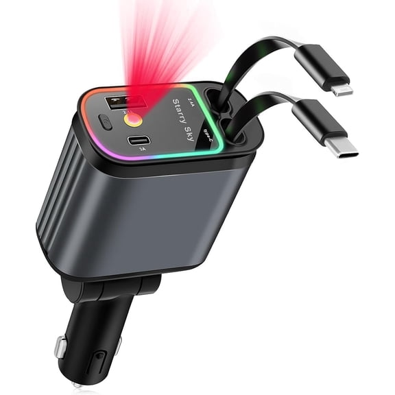 Kisportee 4 In 1 Retractable Car Charger, 66w Car Phone Charger with Retractable Cables and 2 USB Port, Car Charger Adapter Compatible with iPhone 16/15/14/13/12/11,Galaxy,Pixel, Car Accessories Gif