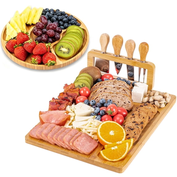 Kisportee Charcuterie Board Set, Large Cheese Board Set with Accessories, Natural Bamboo Charcuterie Tray Cheese Platter for Cheeses, Fruit, Crackers (7 PCS)
