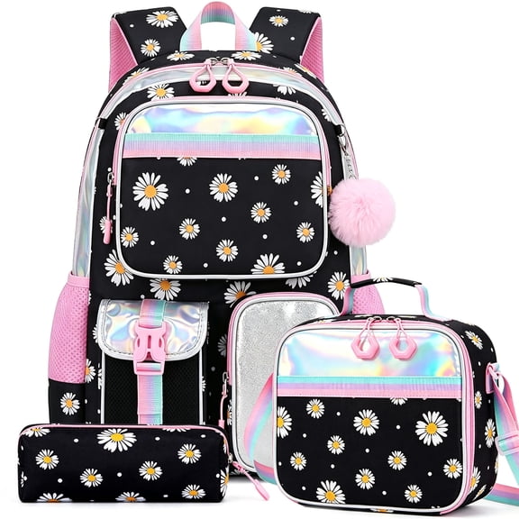 Kisportee Day Packs Backpack with Insulated Lunch Bag, Pencil Case, Black (3 Pieces)