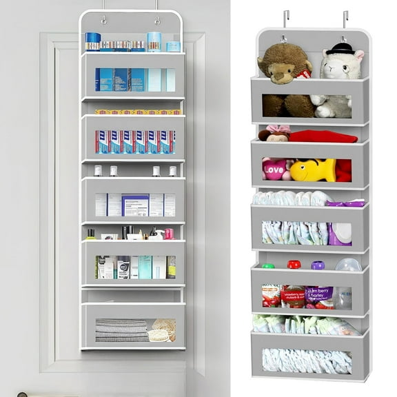 Kisportee Over the Door Hanging Organizer, 5 Pockets Fabric Wall Closet Hanging Storage Bag for Baby Nursery Bathroom Organizers and Storage, Gray