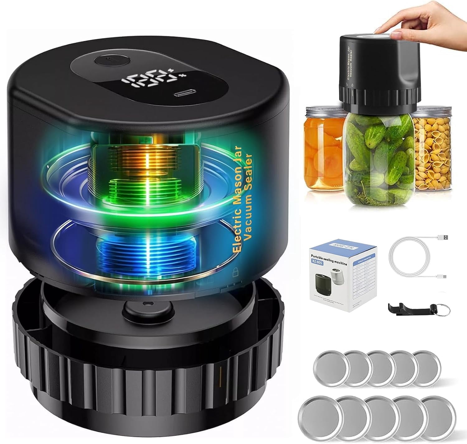 Kisportee Electric Mason Jar Vacuum Sealer, Automatic Vacuum Sealer for Jars with Wide Mouth and Regular Mouth Lids, Handheld Sealing Machine Kit for Food Storage Fresh, Black