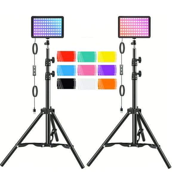 Kisportee 2 Pack LED Video Light kit, Remote Control Dimmable USB LED Continuous Light Photography Light with Adjustable Tripods, 10 Brightness, 9 Color Filters for Video Recording, YouTube