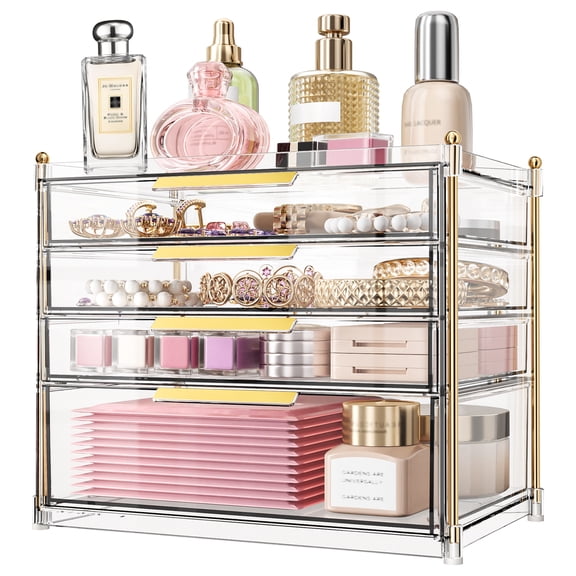 Kisportee Makeup Drawer Organizer, Clear Plastic Desk 4 Tier Drawer Bathroom Counter Organizers, Makeup Organizer for Vanity, Plastic StorageBins for Cosmetic, Skincare, Face Mask, Jewelry