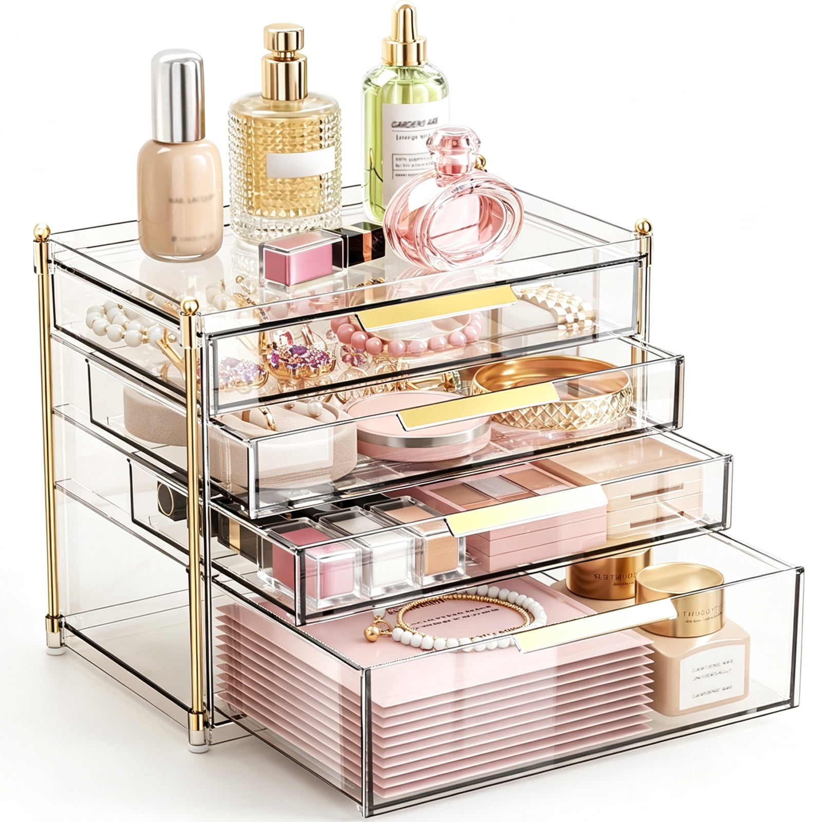 Kisportee Makeup Drawer Organizer, Clear Plastic 4 Tier Drawer Bathroom Counter Organizers, Makeup Organizer for Vanity, Plastic StorageBins for Cosmetic, Skincare, Face Mask, Jewelry