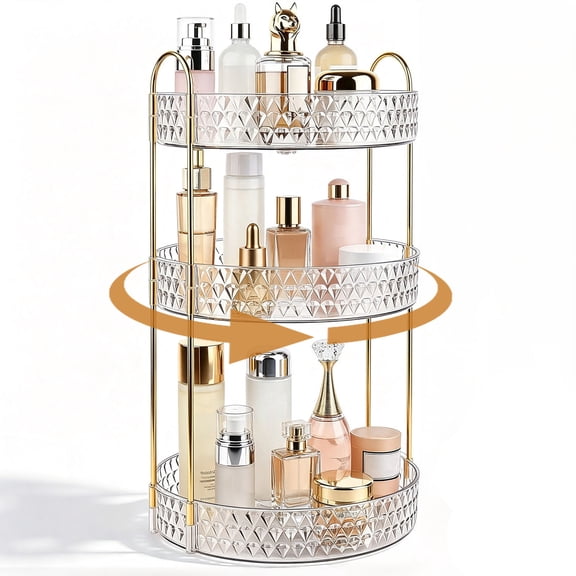 Kisportee 360° Rotating Makeup Organizer, 3 Tier Adjustable Large Capacity Perfume Organizer, Multi-Function Cosmetics Skincare Organizer for Bathroom, Dresser, Countertop (Clear)