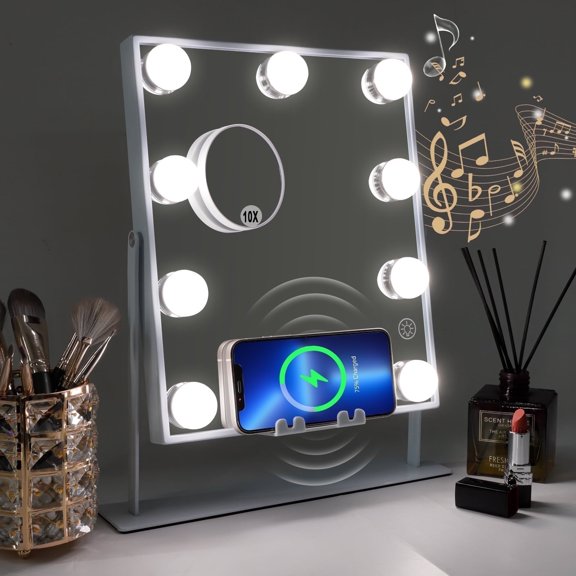 Kisportee Vanity Makeup Mirror with Lights, 11.8" x 9.8" Makeup Mirror, Dimmable 3-Color Modes, Touch Screen Makeup Mirror, 10x Magnification, Wireless Speaker & USB Charging Port (White)