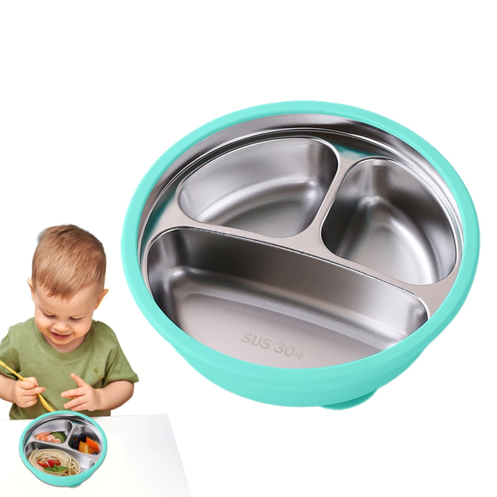 E-far 4-Piece Stainless Steel Kids Plates - 9.4x7.3 Inch Unbreakable Toddler Dish Set