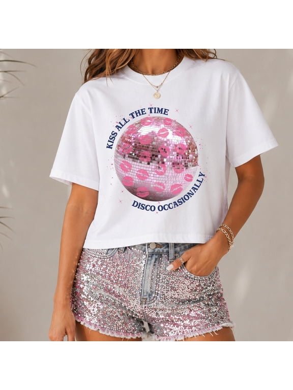 Kiss All the Time Boxy Cropped Shirt, Harry Inspired T-Shirt, Love On Tour Apparel, Trendy Disco Ball Shirt, Harry Album Merch