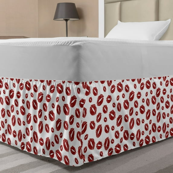 Kiss Bed Skirt, Monochrome Design Warm Tone Girl Kises, Elastic Bedskirt Dust Ruffle Wrap Around for Bedding Decor, 4 Sizes, Ruby and White, by Ambesonne
