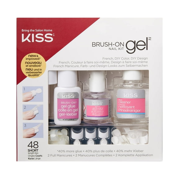 Kiss Brush-On Gel Finish Fake Nail Kit French Manicure Set, 48 Short Length Square Shaped French & Natural Glue-On Nail Tips