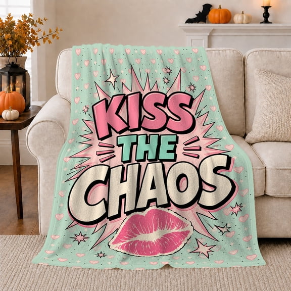Kiss The Chaos Comic Art Flannel Blanket with mint background, pink hearts, starbursts, lip graphic, bold sofa accent for bedroom Home Decor, playful Gift for trend lovers