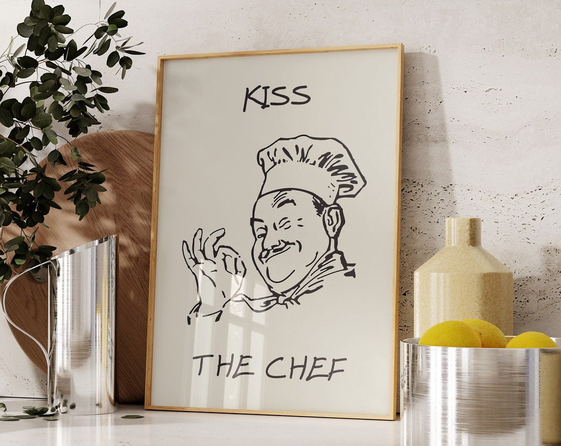 Image showcasing Kiss The Chef Print Aesthetic Kitchen Decor Cute Cooking Art Kitchen ...