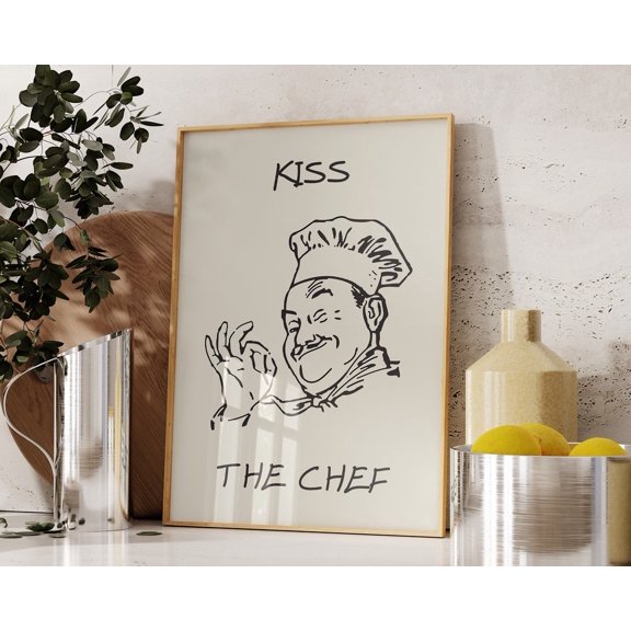 Kiss The Chef Print Aesthetic Kitchen Decor Cute Cooking Art Kitchen Wall Art Print Minimalist Chef Print 1 Print Wall Art, Modern Wall Decor, 16x24 UNFRAMED
