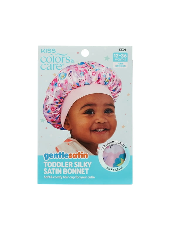 Kiss Colors & Care Silky Satin Hair Bonnet Cap, Wide Edge, Toddler, 12-36 Months, Pink Unicorn