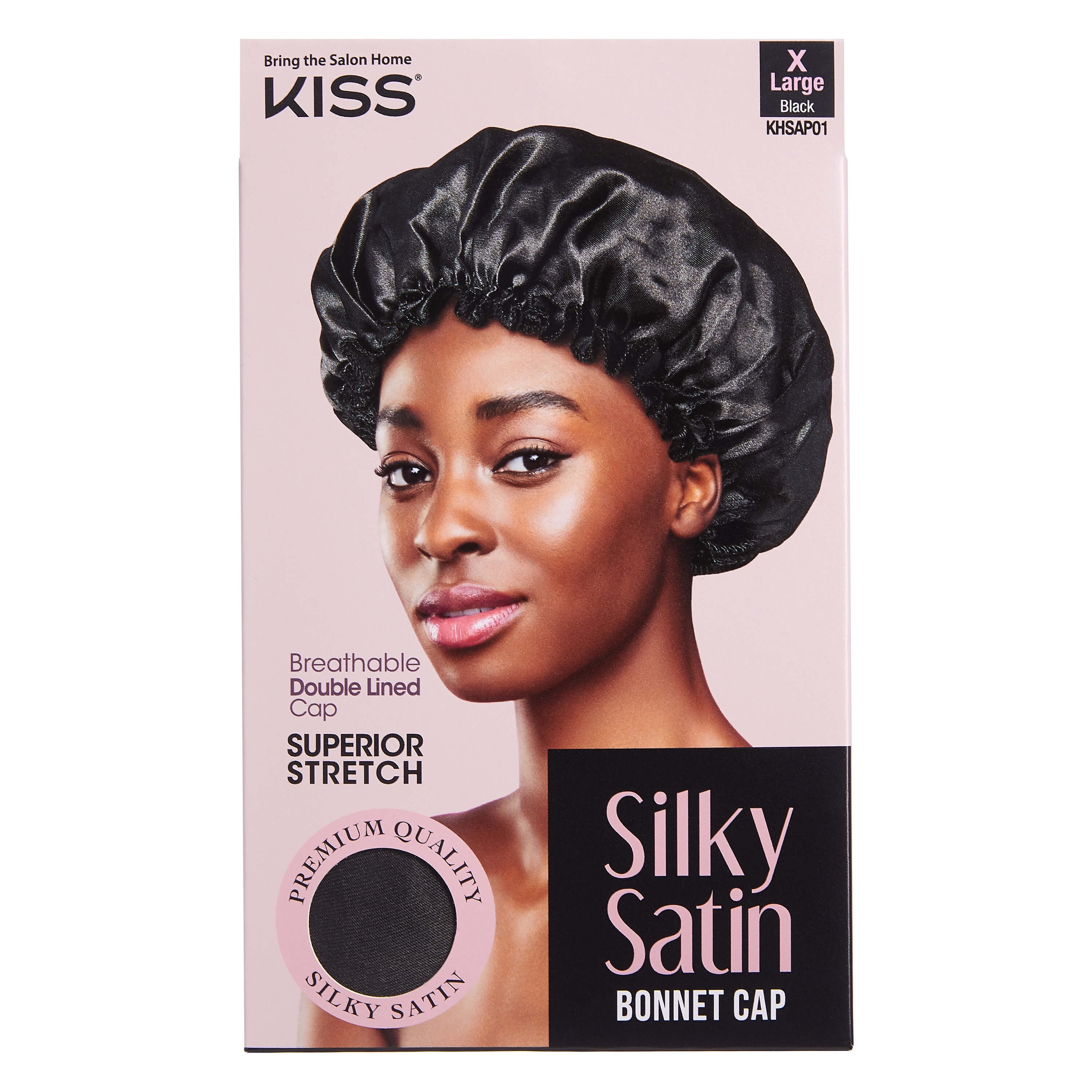 Kiss Colors & Care Silky Satin Reversible Hair Bonnet Cap, Wide Edge, XL,  Black