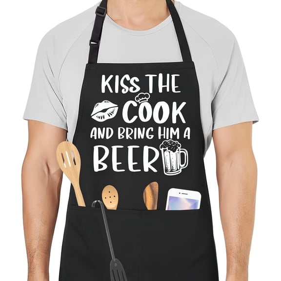 Kiss The Cook Funny Aprons for Men with 2 Pockets, Cooking Apron for Dad, Gag Gifts for Men, Adjustable BBQ Grilling Apron for Husband, Chef Kitchen Gifts for Birthday & Fathers Day - A08