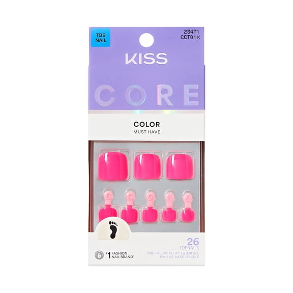 Kiss Core Color Press On Toenails, Step It Up, Short Squoval, Pink, 26 Count