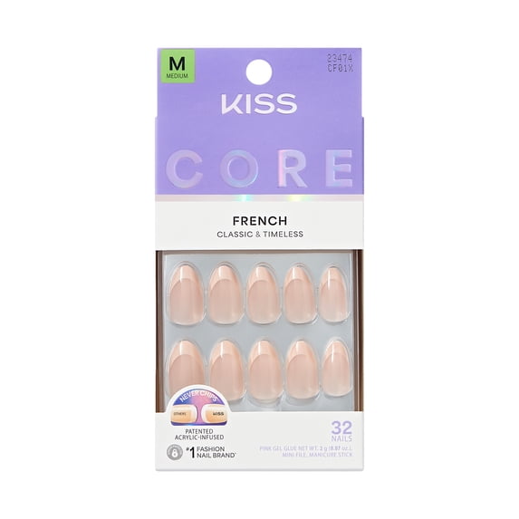 Kiss Core French Tip Press On Nails Almond, ‘Dancing on Clouds’, Pink, Medium, 32 Count