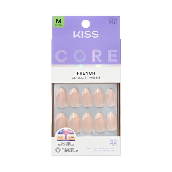 Kiss Core French Tip Press On Nails Almond, Dancing on Clouds, Pink, Medium, 32 Count