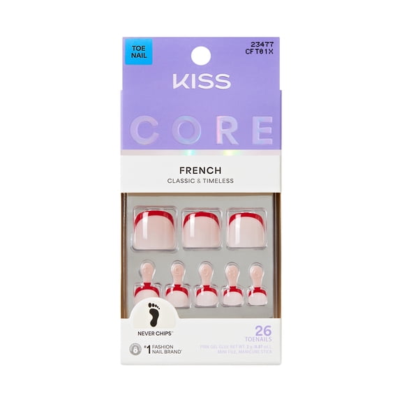 Kiss Core French Tip Press On Toenails, Step into Style, Red, Short Squoval 26 Count