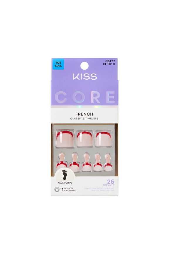 Core French Tip Press On Toenails, Step into Style, Red, Short Squoval 26 Count