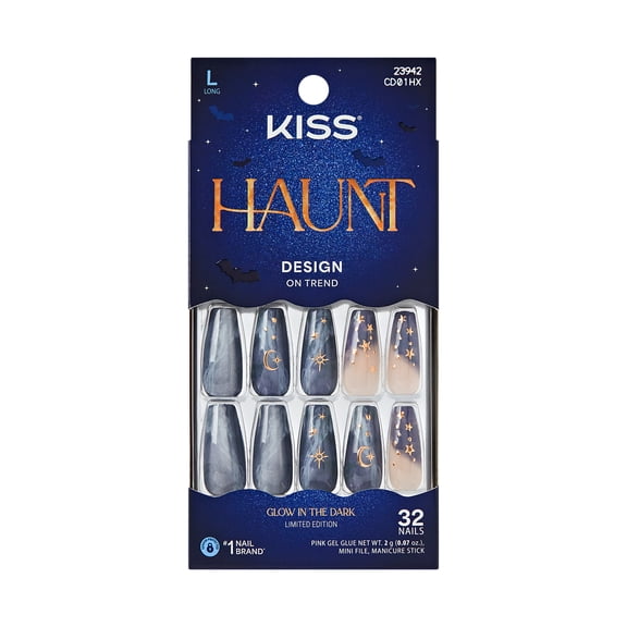 Kiss Core Halloween Press On Nails, Spooky Tips, Blue, Long Coffin, 32 Count