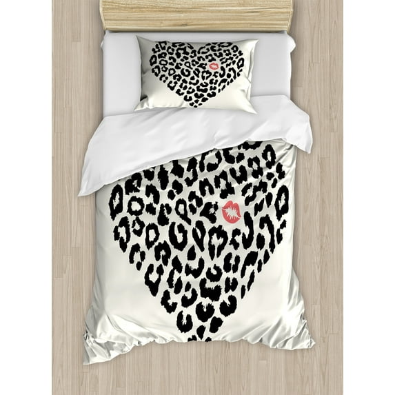 Kiss Duvet Cover Set, Heart Shape Wild Leopard Skin Pattern a Kiss Mark Valentine's Day Honeymoon, Decorative 2 Piece Bedding Set with 1 Pillow Shams, Twin Size, Cream Black Coral, by Ambesonne