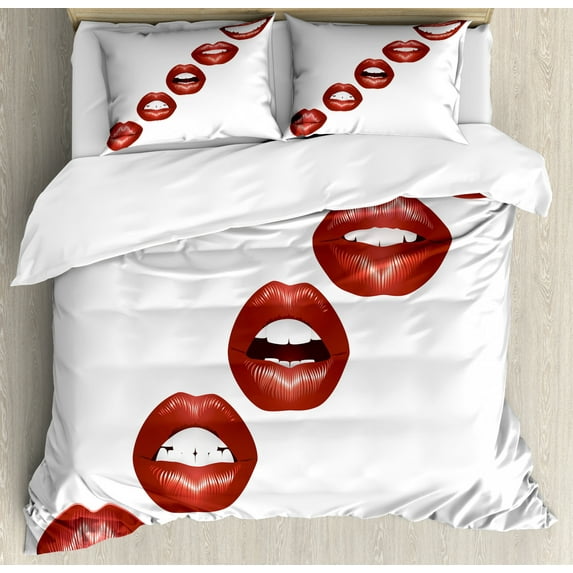 Kiss Duvet Cover Set King Size, Vivid Full Red Lips Smiling Kissing Sexy Lipstick Mouth Mimicry Femimine Cosmetics, Decorative 3 Piece Bedding Set with 2 Pillow Shams, Ruby White, by Ambesonne