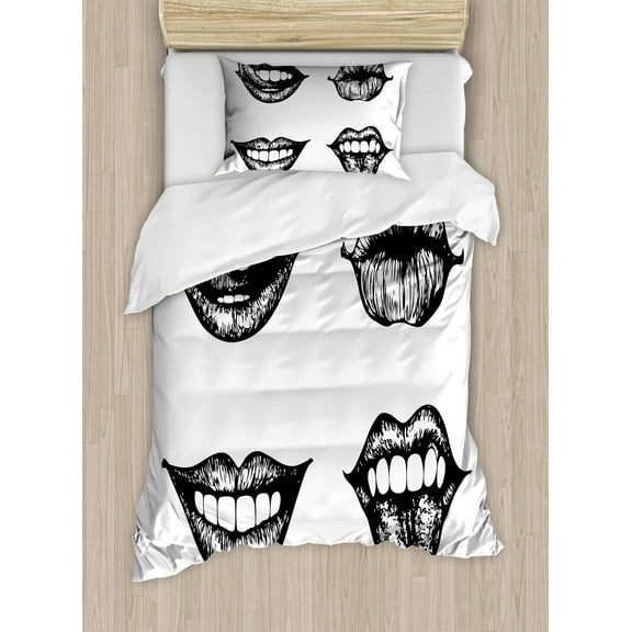 Kiss Duvet Cover Set, Monochromatic Woman Lips in Various Poses, Decorative 2 Piece Bedding Set with 1 Pillow Shams, Twin Size, Charcoal Grey and White, by Ambesonne