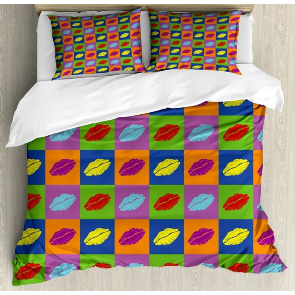 Kiss Duvet Cover Set, Pop Art Style Lipstick Kisses on Vibrant Colored Squares 60's Style Seductive Romantic, Decorative 3 Piece Bedding Set with 2 Pillow Shams, Calking Size, Multicolor, by Ambesonne