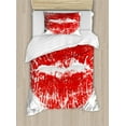 thumbnail image 1 of Kiss Duvet Cover Set, Red Lipstick Mark in the Shape of a Heart Expression Passion Romance Sensuality Theme, Decorative 2 Piece Bedding Set with 1 Pillow Shams, Twin Size, Red White, by Ambesonne, 1 of 3