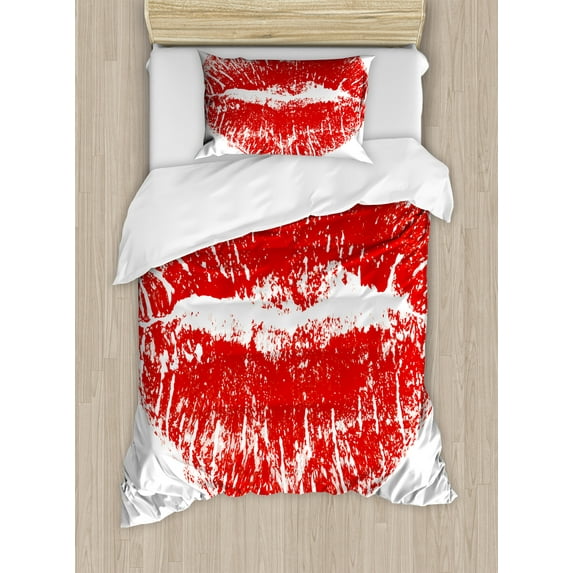 Kiss Duvet Cover Set, Red Lipstick Mark in the Shape of a Heart Expression Passion Romance Sensuality Theme, Decorative 2 Piece Bedding Set with 1 Pillow Shams, Twin Size, Red White, by Ambesonne