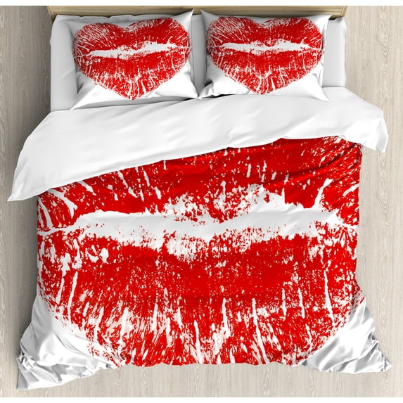 Kiss Duvet Cover Set, Red Lipstick Mark in the Shape of a Heart Expression Passion Romance Sensuality Theme, Decorative 3 Piece Bedding Set with 2 Pillow Shams, Queen Size, Red White, by Ambesonne