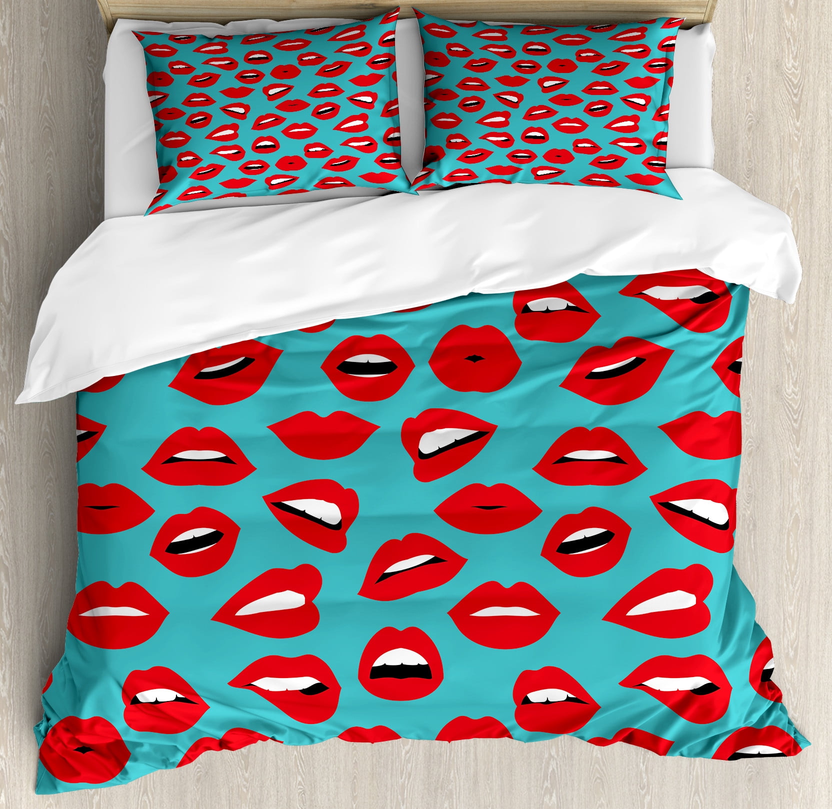 Kiss Duvet Cover Sets, Retro Woman Mouth Red Lipstick Girl Expressing