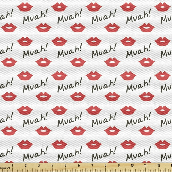 Ambesonne Kiss Fabric by the Yard Upholstery, Red Woman Lips Romance, 3 Yards, Vermilion White