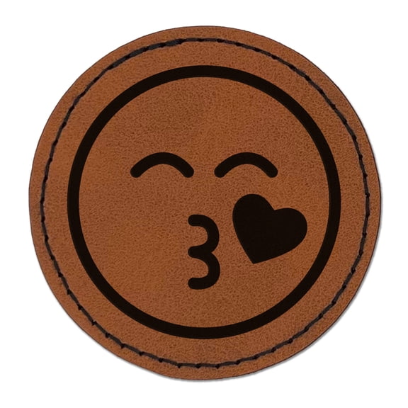 Kiss Face Heart Love Emoticon 2.5" Faux Leather Round Engraved Iron-On Patch - Brown