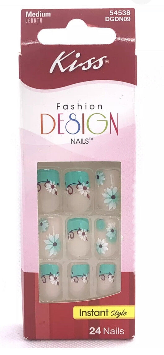 Kiss Fashion Design Nails Mint Green Flower Medium SQUARE 'Stylish' 54538 DGDN09