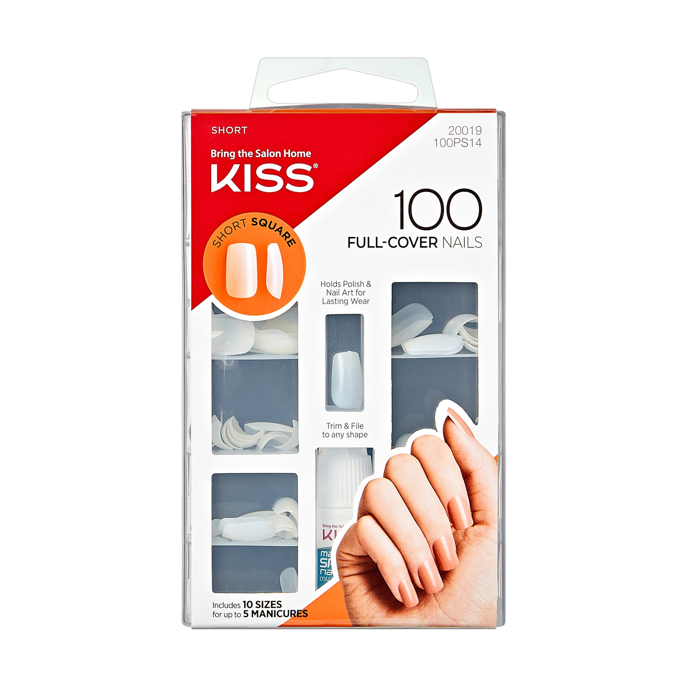 KISS Full-Cover Nails, Press-On Nails, Short Square, Clear, Short Squoval, 100 Count