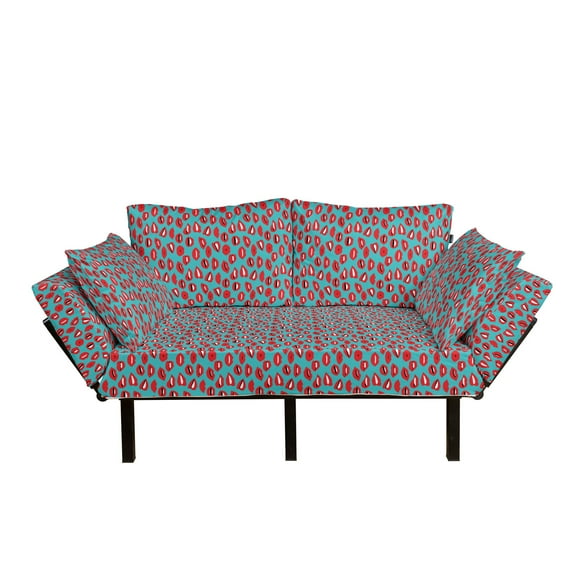Kiss Futon Couch, Retro Woman Mouth Red Lipstick Girl Expressing Different Emotions Female Vintage, Daybed with Metal Frame Upholstered Sofa for Living Dorm, Loveseat, Teal Red White, by Ambesonne