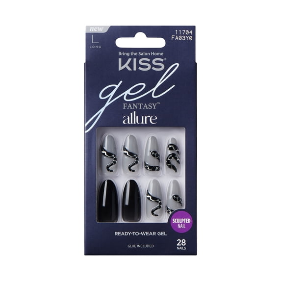 Kiss Gel Fantasy Allure Press On Nails Almond, ‘Voyage’, Black & Grey, Long, 28 Count