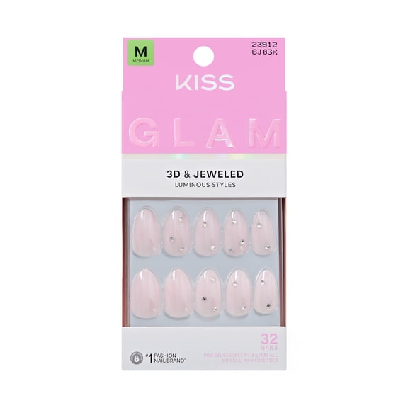 Kiss Glam 3D & Jeweled Press On Nails Almond, Candy Dust, Pink, Medium Length, 32 Count