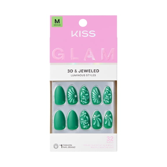 Kiss Glam 3D & Jeweled Press On Nails Almond, Tropical Glow, Green, Medium, 32 Count