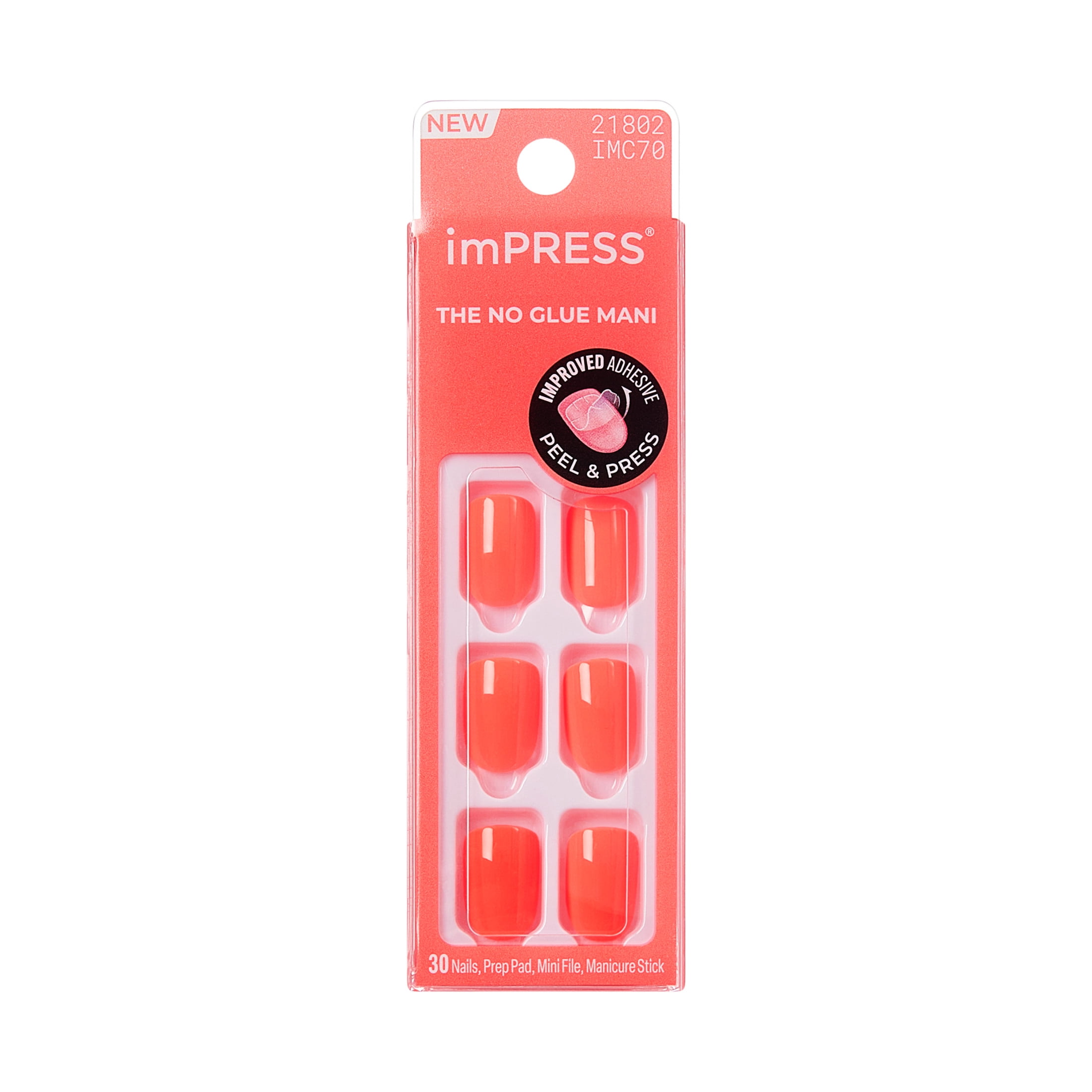 Kiss Impress Color Short Squoval Press-On Nails, Orange, 30 Pieces