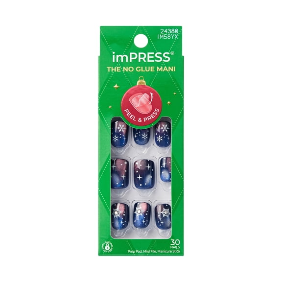 Kiss Impress Holiday Press On Nails Short, Mistletoe Magic, Navy, Squoval, 30 Count