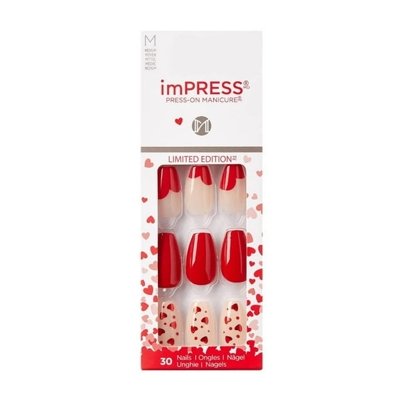 Kiss Impress Kiss imPRESS Always and Forever Press on Nails Valentine's Day, Chrome,Red, 33 Piece Set