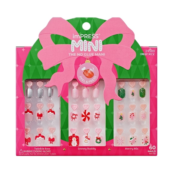 Kiss Impress Mini Press On Nails for Kids Holiday Gift Set, Red & Green, Squoval, 60 Count