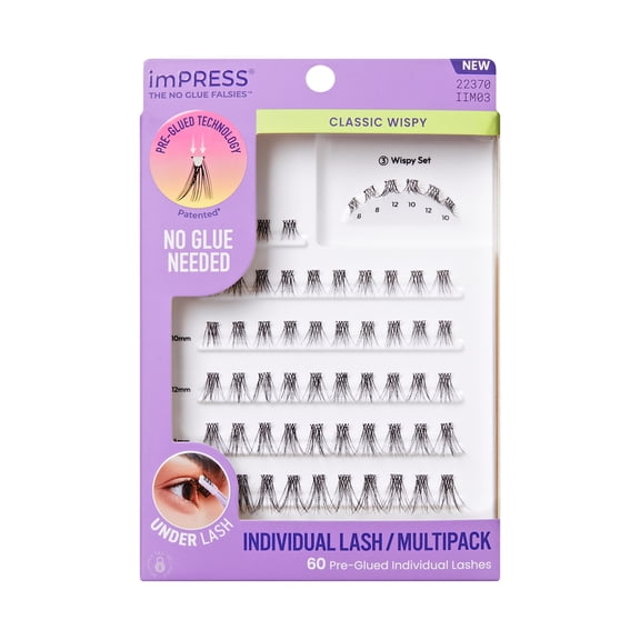Kiss Impress Pre-Glued Individual Lashes Multipack, Classic Wispy, 60 Lash Clusters